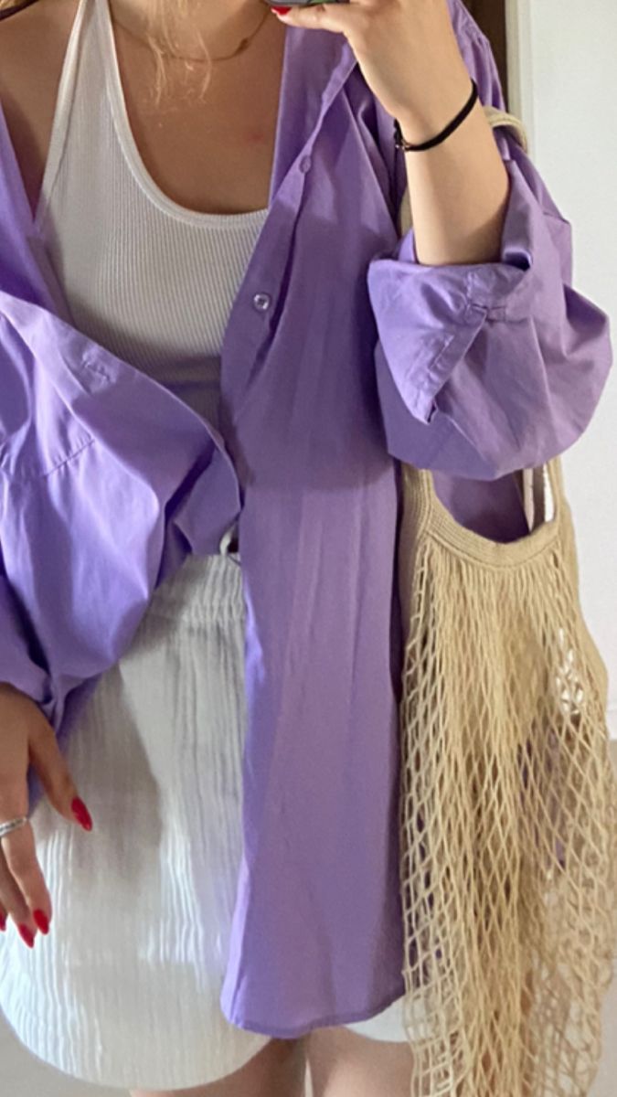 Oversized Purple Shirt Outfit, Purple Linen Shirt Outfit, Violet Tshirt Outfits, Lilac Summer Outfit, Purple Shorts Outfit Summer, Purple Button Down Shirt Outfit, Purple Skirt Outfit Aesthetic, Lilac Shirt Outfits, Purple Shirt Aesthetic