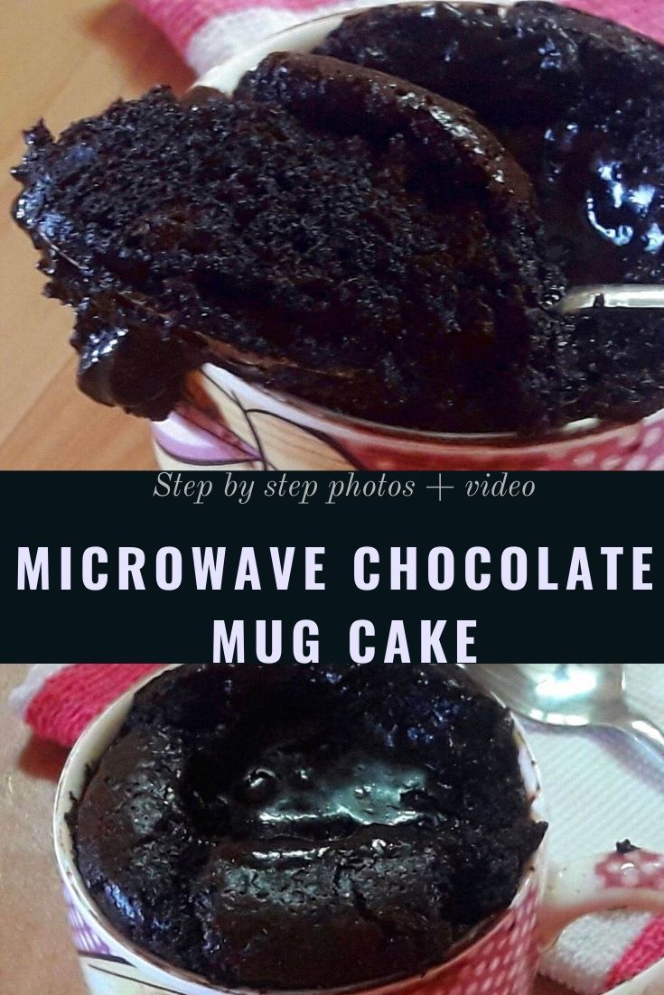 microwave chocolate mug cake in cups with the words microwave chocolate mug cake on top and bottom