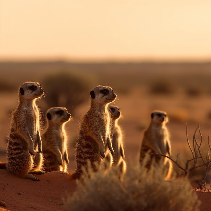 four meerkats are standing in the desert at sunset, looking towards the camera