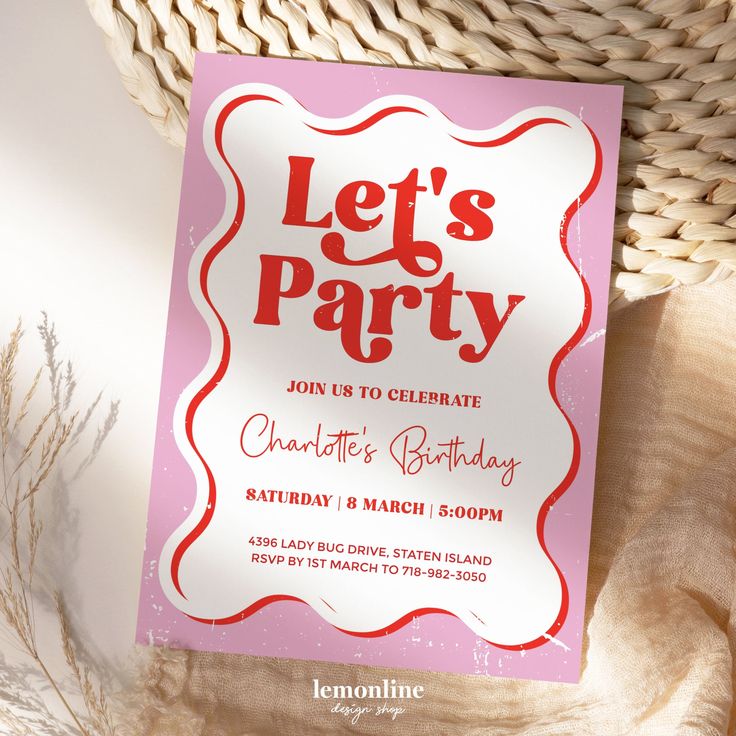 a pink and white party card with the words let's party on it