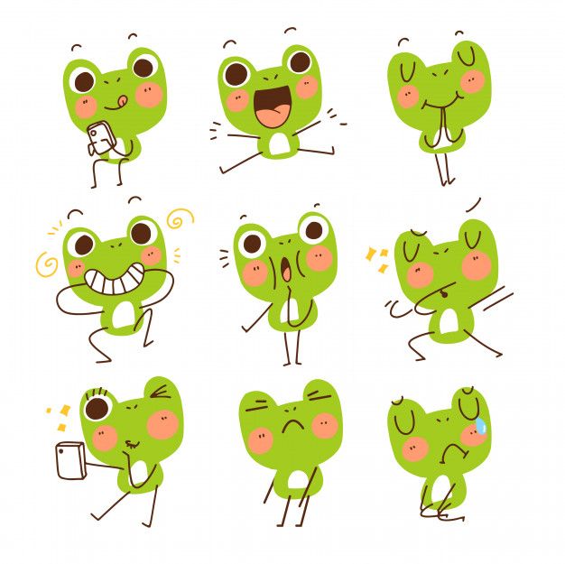 cartoon green monster character set with various expressions and gestures, including the expression of an angry frog