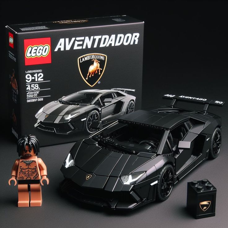 a lego batman car next to a toy batmobile in front of a black box