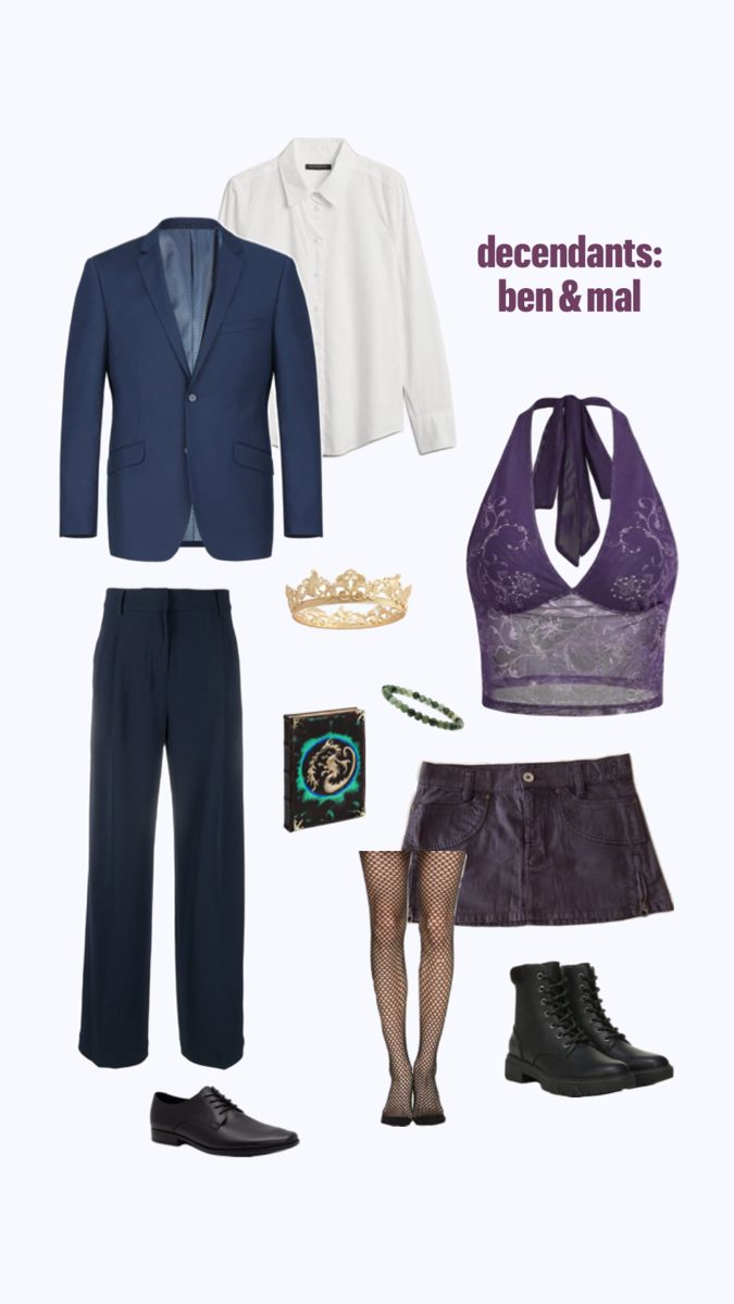 an assortment of clothing and accessories including a jacket, shirt, skirt, tie, shoes