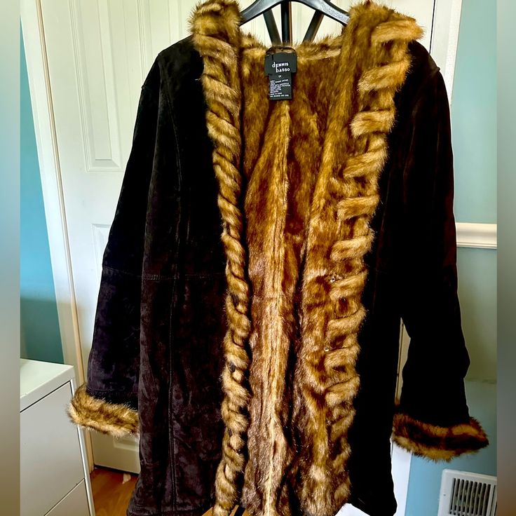 Dennis Basso Leather Coat Never Worn 1x Elegant Brown Leather Jacket For Winter, Elegant Brown Outerwear With Faux Fur Trim, Formal Brown Fur Coat For Fall, Dennis Basso, Leather Coat, Jackets & Coats, Jackets For Women, Leather, Women Shopping