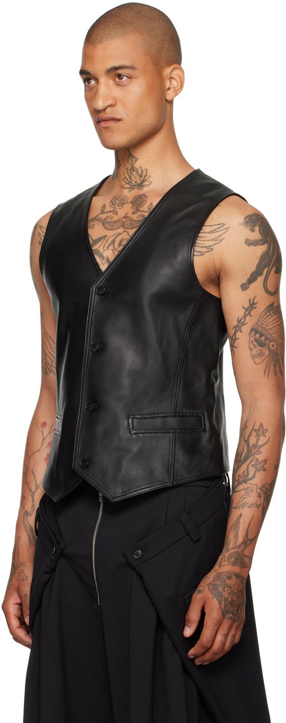 Nappa lambskin vest. · V-neck · Button closure · Welt pockets · Full cupro satin lining Supplier color: Black Vest Outfits Men, Leather Waistcoat, Black Leather Vest, Faux Leather Vest, Men Dior, Striped Vests, Mens Trendy Outfits, Painted Denim, Vests Mens