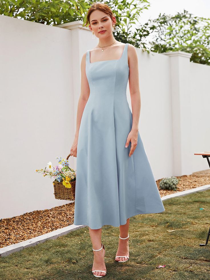 Square Neck Sleeveless A-line Dress Flowy A Line Dress, Square Neck Sleeveless Dress, Baby Blue Dress Wedding, Simple Light Blue Dress, A Line Dress Casual Simple, Aline Dresses For Women, Simple Dresses Formal, Blue Dress Simple, Casual Blue Dress