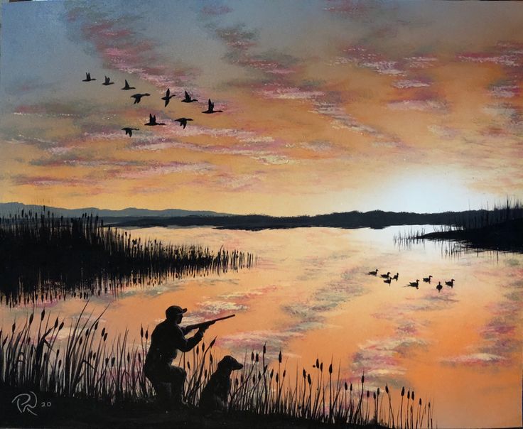 a painting of a man and his dog fishing at sunset with ducks in the background