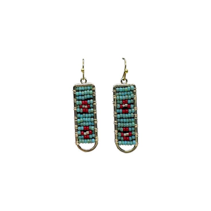 Turquoise and Red Geometric Earrings  Chippewa Beadwork Traditional Turquoise Beaded Earrings As Gift, Festive Turquoise Beaded Earrings, Bohemian Rectangular Earrings With Colorful Beads, Bohemian Rectangular Earrings With Dangling Beads, Traditional Turquoise Teardrop Beaded Earrings, Bohemian Rectangular Dangling Bead Earrings, Traditional Turquoise Beaded Earrings, Bohemian Red Rectangular Earrings, Red Bohemian Rectangular Earrings