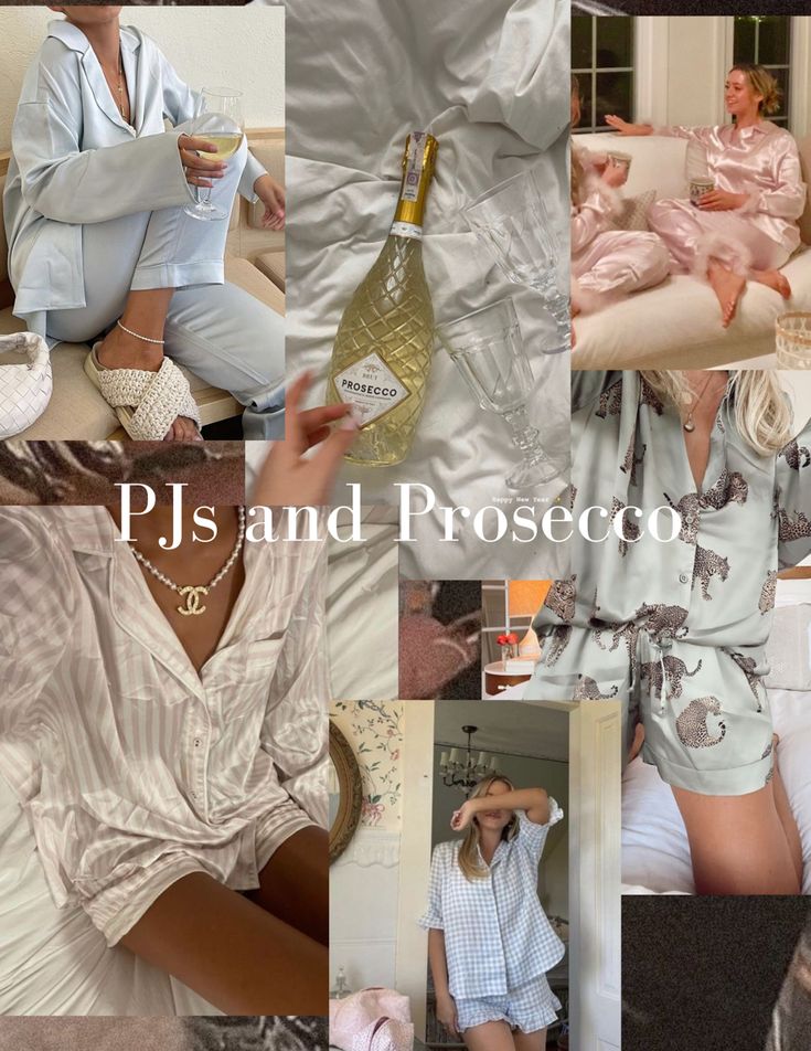 the collage shows several photos of women in pajamas, one holding a wine bottle and another sitting on a couch