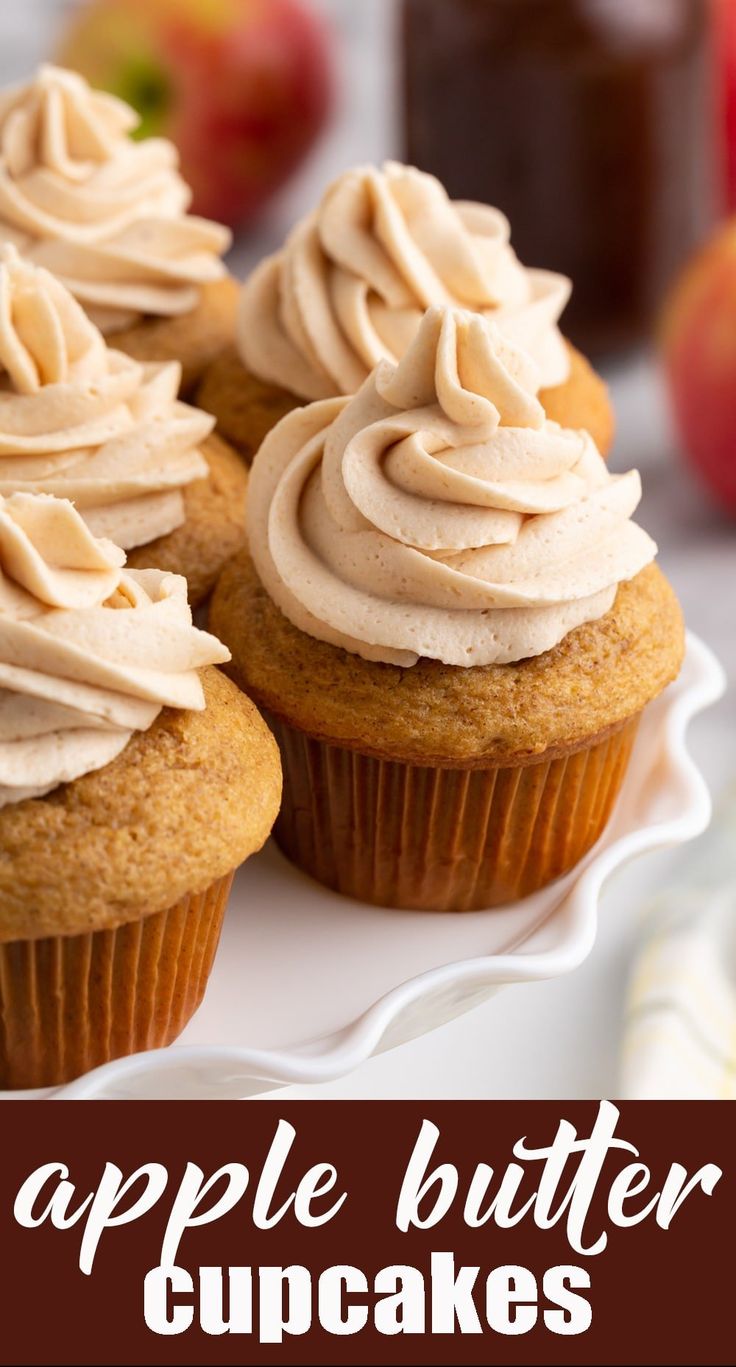 two cupcakes with frosting on top and the words apple butter cupcakes above them