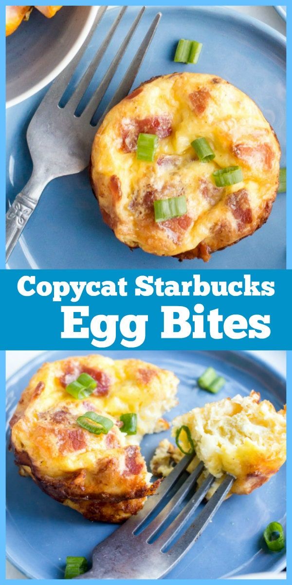 two pictures of egg bites on a blue plate with a fork and some green peppers