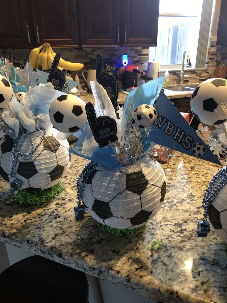 soccer themed decorations on a kitchen counter top