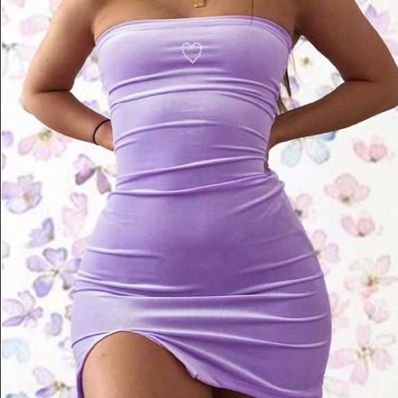 Purple Mini Dress With Diamond Heart Embroidery Purple Strapless Mini Bodycon Dress Diamond Heart Strapless Fitted Purple Bodycon Dress, Purple Strapless Stretch Bodycon Dress, Purple Strapless Bodycon Dress, Purple Strapless Dress With Sweetheart Neckline, Flirty Purple Bodycon Dress For Spring, Strapless Purple Spring Dress, Purple Strapless Mini Dress For Summer, Spring Purple Strapless Mini Dress, Spring Purple Mini Strapless Dress