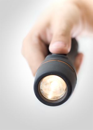 a person holding a flashlight in their right hand and pointing it at the camera with both hands