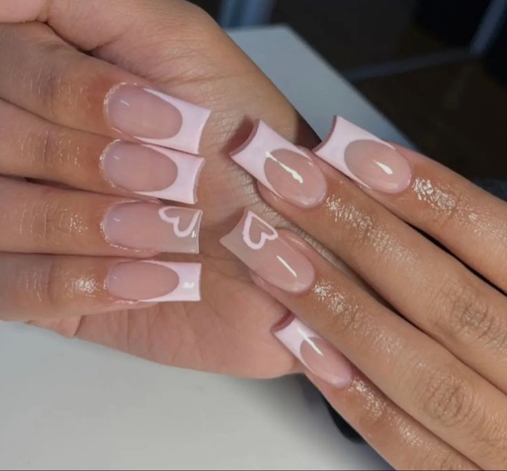 Nail Pink French, French With Hearts, Nails Tips White, Nail Pink, Solar Nails, French Tip Nail Designs, Nails Tips, Summery Nails, Girly Acrylic Nails