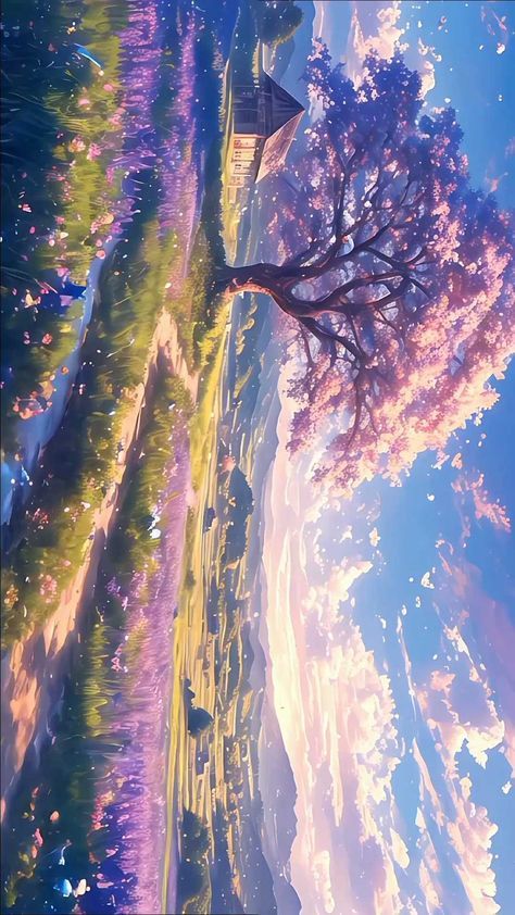 an aerial view of a tree in the middle of a field with grass and flowers