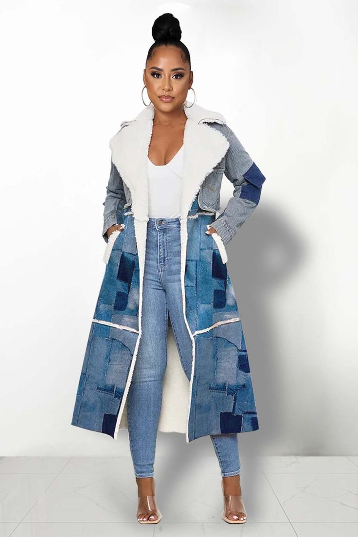 Long Denim Coat, Long Outerwear, Denim Patchwork, All Eyes, Suede Material, Style Mistakes, Denim Coat, Denim Outfit, Mini Dresses