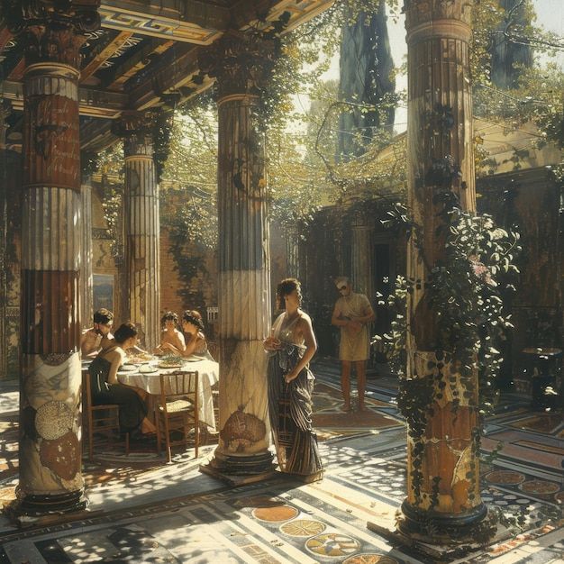 Daily Life in an Ancient Greek Villa | Premium AI-generated image Ancient Greece Society, Aesthetic Ancient Greece, Greek Palace Aesthetic, Greek Mythology Landscape, Ancient Greece Food, Grece Antique Aesthetic, Greek Temple Aesthetic, Ancient Greek Palace, Ancient Greece House