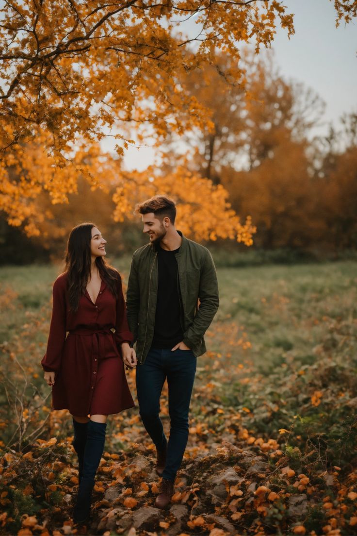 an engaged couple walking through the leaves