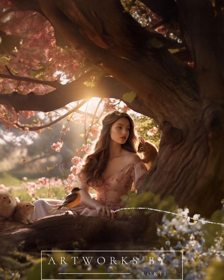 a beautiful woman sitting under a tree next to a teddy bear