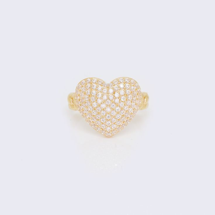 14K Full Heart Cubic Zirconia Pave Ring Luxury White Heart Ring, Gold Heart Ring With Cubic Zirconia For Proposal, Gold Cubic Zirconia Heart Ring For Proposal, Heart-shaped Diamond Ring With Center Stone, Diamond White Cubic Zirconia Heart Ring For Valentine's Day, Gold Heart Ring With Center Stone For Valentine's Day, Gold Heart Ring With Diamond Accents Cubic Zirconia, Luxury Diamond White Heart Ring Cubic Zirconia, Heart-shaped Diamond Ring