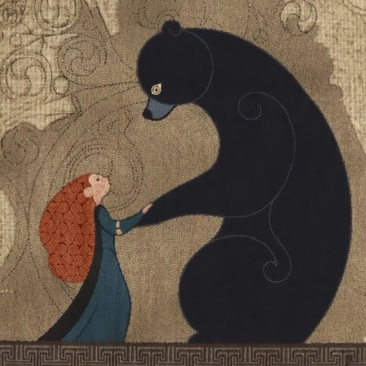 an illustration of a bear and a woman holding each other's hand in front of a decorative background