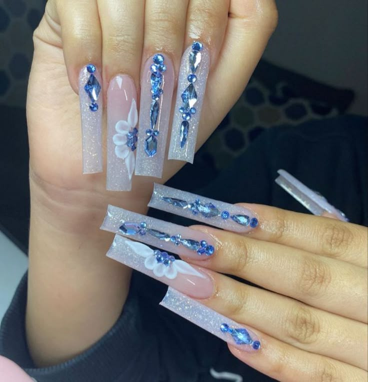 Clear Glitter Nails, Quince Nails, Quinceanera Nails, Bunny Nails, Blue Quince, Glittery Nails, Long Acrylic Nail Designs, Blue Acrylic Nails, Cute Acrylic Nail Designs