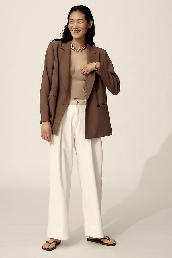 From business to casual, these styles are tailored to perfection . Get ready to suit up and let your wardrobe seam lessly transition from boardroom to brunch! | Oversized Blazer Jacket by Maeve in Brown, Women's, Size: Smallmall, Polyester/Viscose/Elastane at Anthropologie Oversized Camel Blazer Outfit, Office Chic Business Casual Blazer With Suit Collar, Business Casual Blazer With Suit Collar, Trendy Fall Blazer For Business Casual, Trendy Business Casual Blazer For Fall, Fall Business Casual Blazer With Double Button Closure, Trendy Fall Business Casual Blazer, Double Button Blazer For Business Casual In Fall, Winter Office Wear Outerwear With Welt Pockets