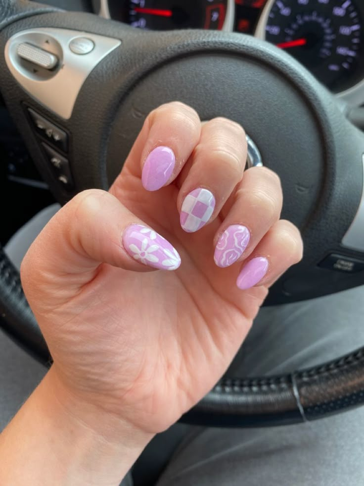 purple nails with smiley faces, smiles, and checkerboard Purple Nails Smiley Face, Purple Smiley Face Nails, Purple Checkered Nails, Checkered Nails, Zebra Nails, Purple Nail Designs, Cute Spring Nails, Summery Nails, Nail Stuff