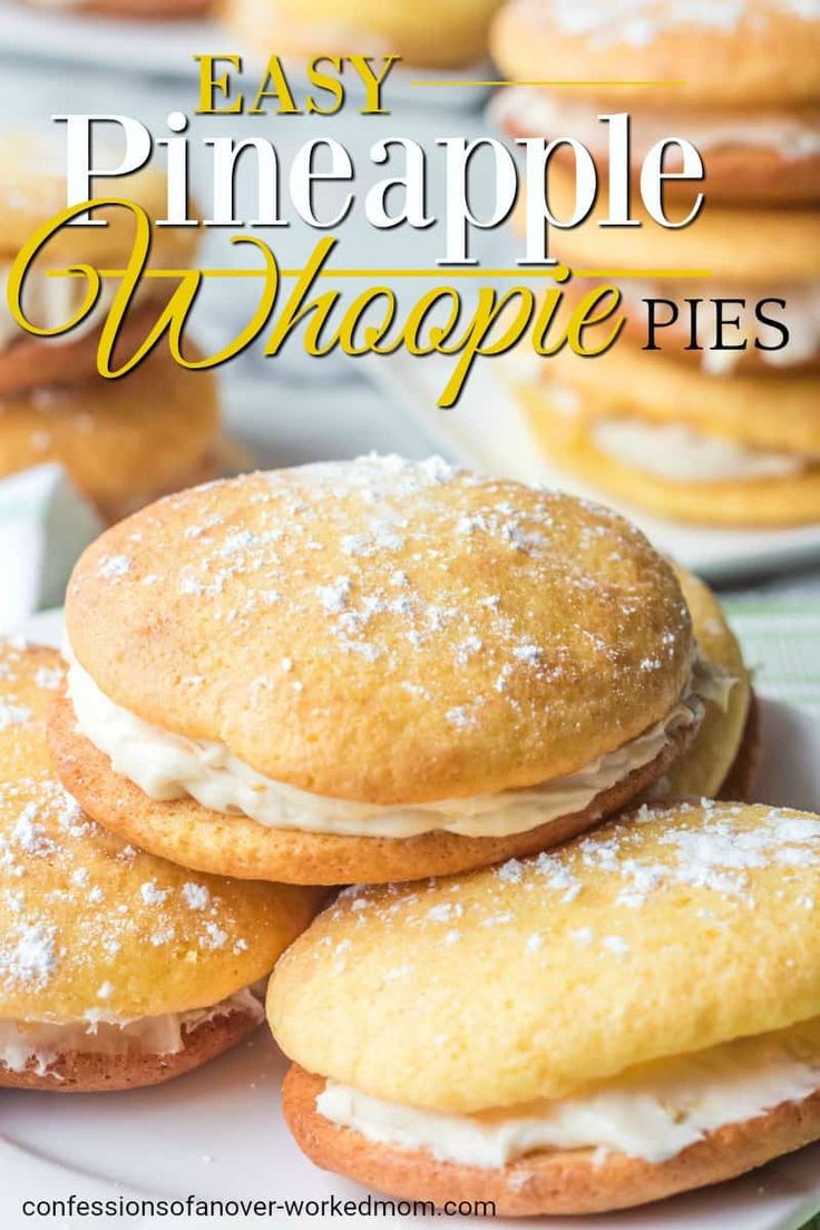 easy pineapple whoopie pies on a plate with powdered sugar in the middle