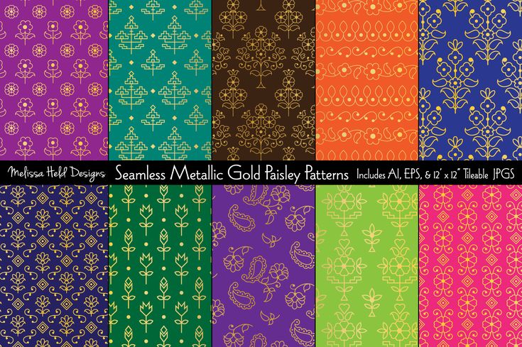 a set of nine seamless metallic gold paisley patterns in different colors and sizes, each with