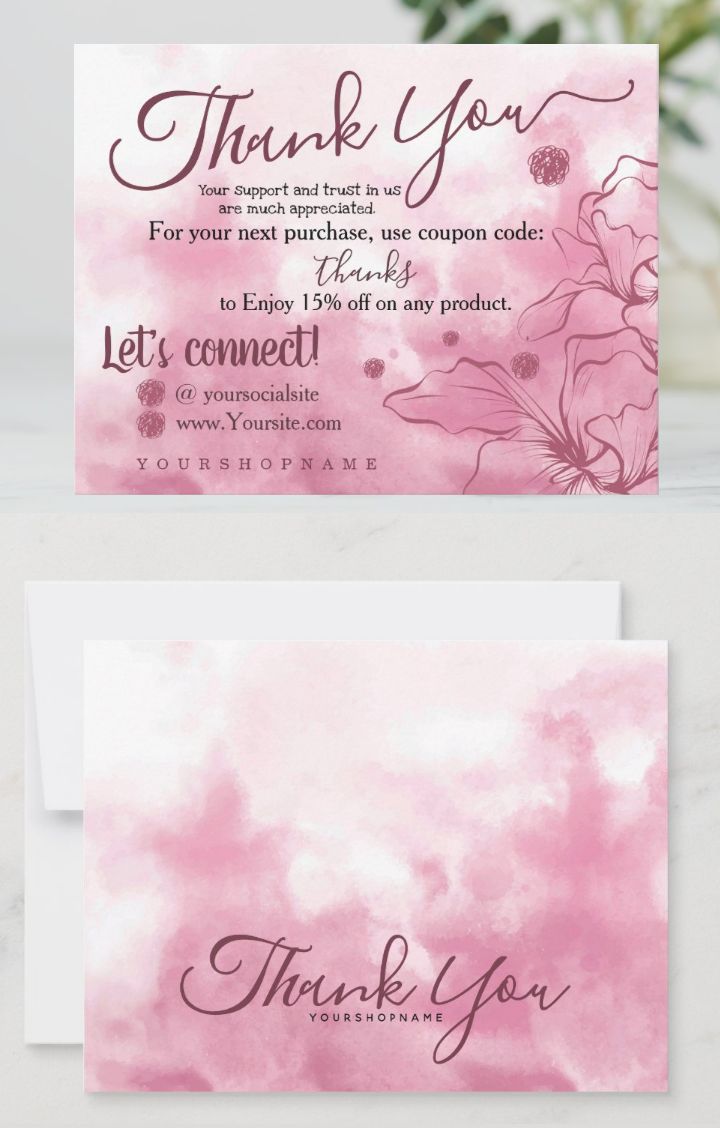 two thank cards with pink flowers and the words thank you written in black ink on them