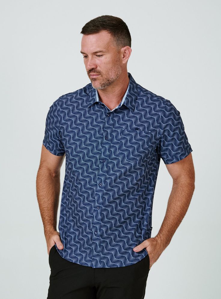 navy-7427 Casual Short Sleeve Shirt With 4-way Stretch, Blue Short Sleeve Top With 4-way Stretch, Blue 4-way Stretch Short Sleeve Tops, Fitted Blue Golf Shirt, Fitted Blue Shirt For Golf, Casual Cotton Shirt With 4-way Stretch, Casual Summer Golf Shirt, Fitted Short Sleeve Golf Shirt, Blue Fitted Short Sleeve Camp Shirt