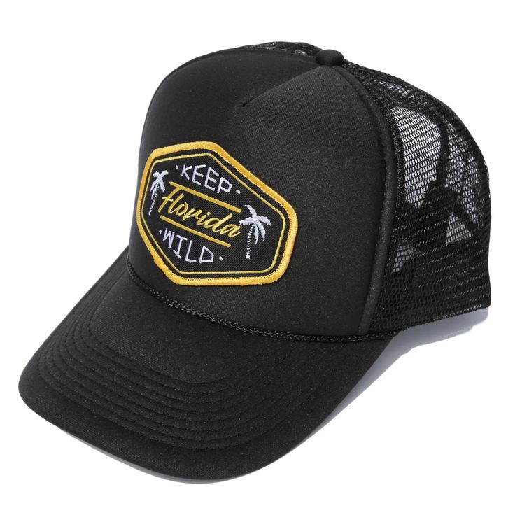 Keep Florida Wild! Sunshine State® is dedicated to keeping Florida wild by donating part of our proceeds to the Florida Wildlife Corridor. - Embroidered patch on 5 panel adjustable foam trucker hat. Black Trucker Hat With Letter Print For Outdoor, Black 5-panel Snapback Hat With Letter Print, Outdoor Black Snapback Hat With Embroidered Patch, Black Snapback Hat With Embroidered Patch For Outdoor, Black 5-panel Trucker Hat With Letter Print, Trucker Hat With Embroidered Patch For Streetwear, Black Trucker Hat With Curved Bill And Embroidered Patch, Black Trucker Hat With Embroidered Patch, Black Trucker Hat With Letter Patch