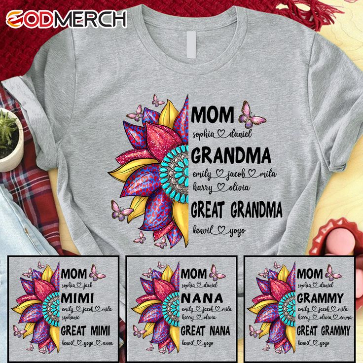 three t - shirts with the words, mom and grandma in different colors on them