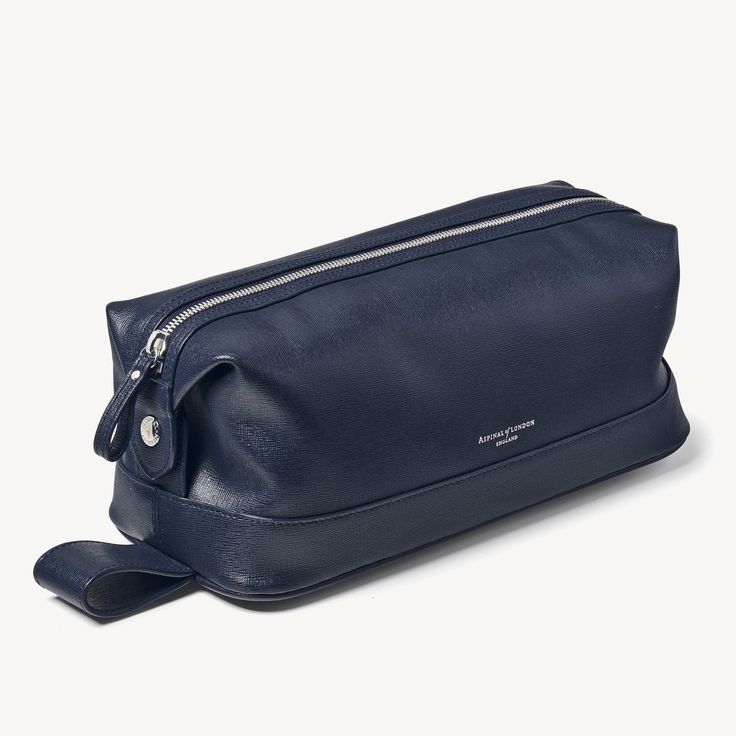 Men's Leather Wash Bag in Navy Saffiano | Aspinal of London Classic Everyday Luxury Bag With Rectangular Case, Classic Cosmetic Bag With Zipper Closure For Travel, Classic Cosmetic Bag With Zipper For Travel, Luxury Travel Pouch, Luxury Formal Rectangular Cosmetic Bag, Elegant Rectangular Cosmetic Bag For Business, Classic Leather Pouch, Luxury Leather Cosmetic Bag, Classic Formal Pouch