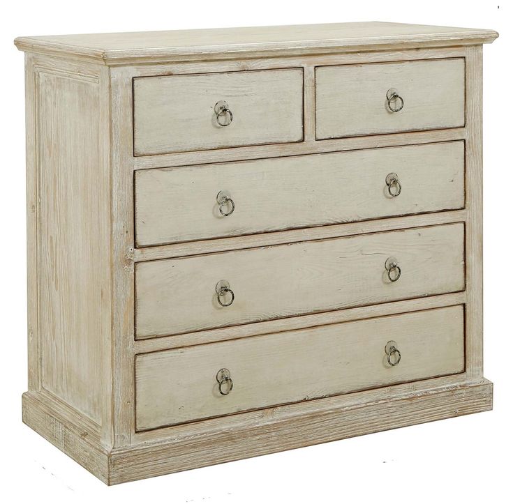 a white dresser with four drawers and two doors on the top shelf, in front of a white background