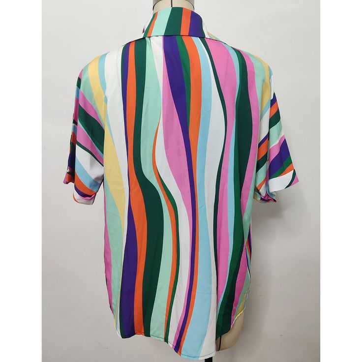 Green Striped Print Pullover Short Sleeve Shirt Multicolor Collared Top For Spring, Trendy Multicolor Relaxed Fit Tops, Striped Crew Neck Tops For Vacation, Multicolor Crew Neck Top For Vacation, Casual Multicolor Collared Blouse, Trendy Multicolor Collared Tops, Trendy Striped Collared Top, Multicolor Crew Neck Shirt For Vacation, Multicolor Crew Neck Blouse With Relaxed Fit