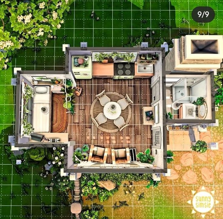 an aerial view of a small house in the middle of a green yard with furniture and plants