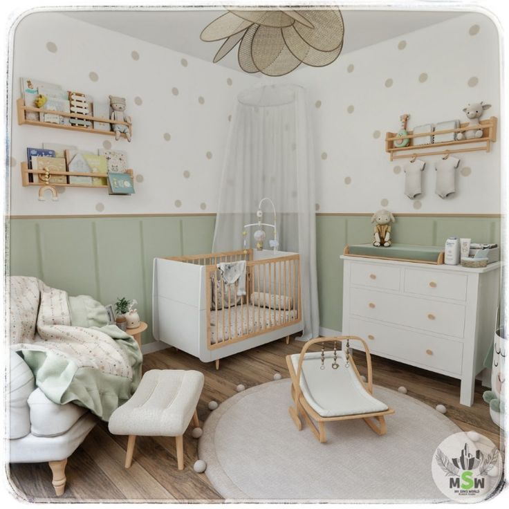 a baby's room with white furniture and polka dot wallpaper