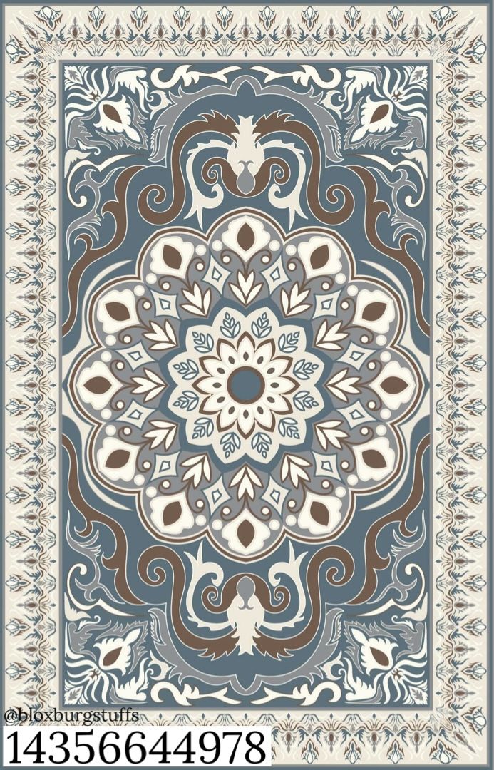 a blue and brown rug with an ornate design