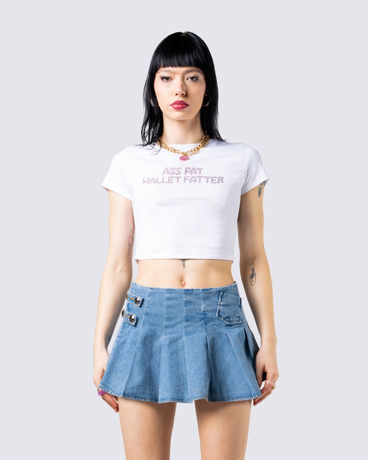 AS* FAT, WALLET FATTER - You already know the vibes 💅�🏼 Let them know what you're all about in this white cropped tee made from jersey fabric and embellished with pink rhinestones ✨ Fuzzy Skirt, White Corset Dress, Denim Pleated Skirt, Chain Dress, Red Mini Skirt, Rhinestone Top, Orange Satin, Flare Jumpsuit, White Corset