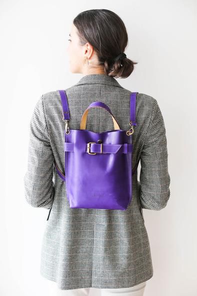 Purple Small Leather Backpack – QisaBags Designer Tote Backpack For Everyday Use, Designer Backpack With Top Carry Handle For Everyday Use, Designer Everyday Backpack With Top Carry Handle, Designer Everyday Backpack Tote, Designer Everyday Tote Backpack, Elegant Rectangular Leather Backpack For On-the-go, Elegant On-the-go Backpack With Detachable Handle, Elegant Leather Satchel Backpack For On-the-go, Elegant Backpack With Leather Handles For On-the-go