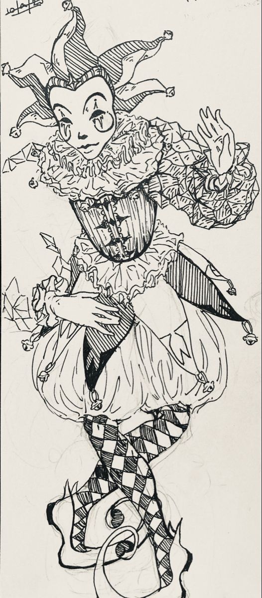 a black and white drawing of a clown