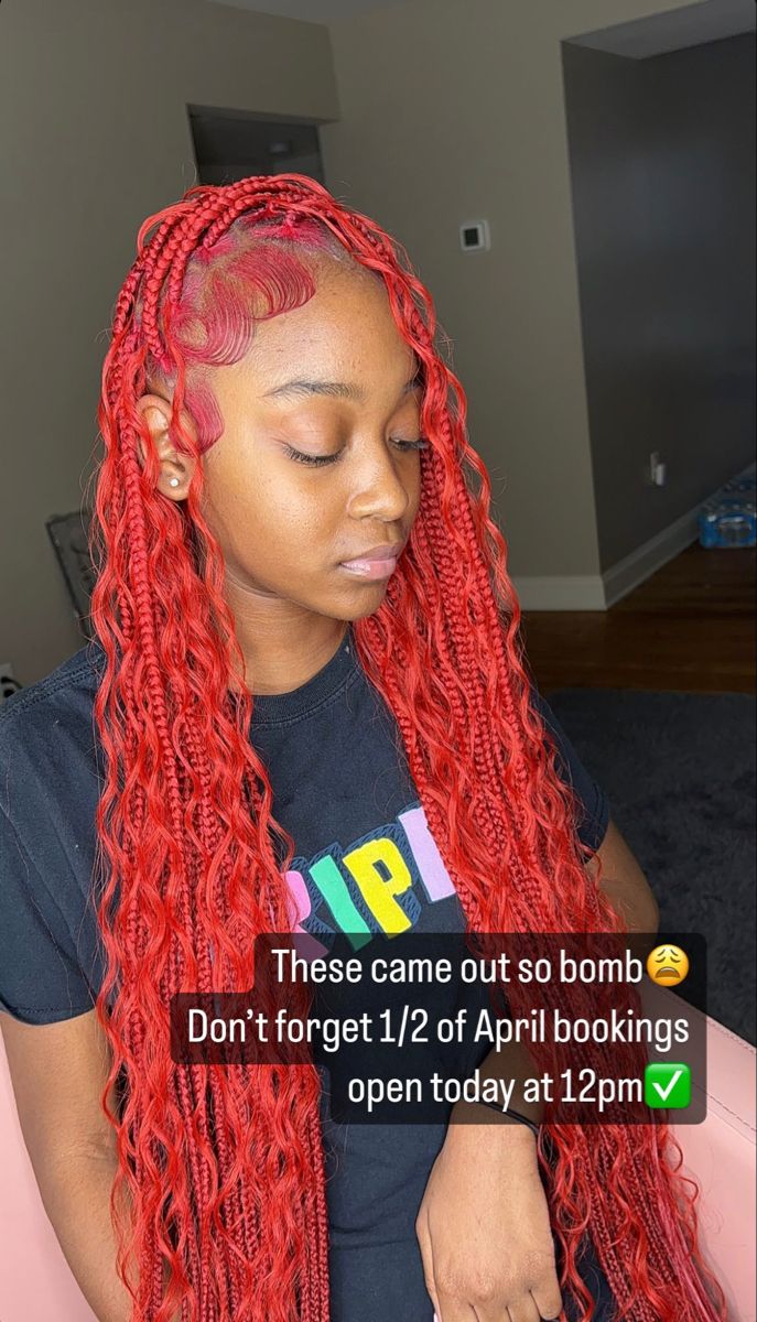 Red Knot Less Braids With Curls, Red Braids Styles, Braids For Black Women Red Hair, Braids For Red Hair, Small Red Bohemian Knotless Braids, Red Braiding Hairstyles, Red Boho Braids Black Women, Red Head Hairstyles Black Women, Red Soft Locs Black Women