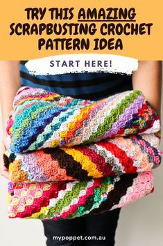 a woman holding two crocheted blankets with text overlay that reads try this amazing scarpbusting crochet pattern idea start here