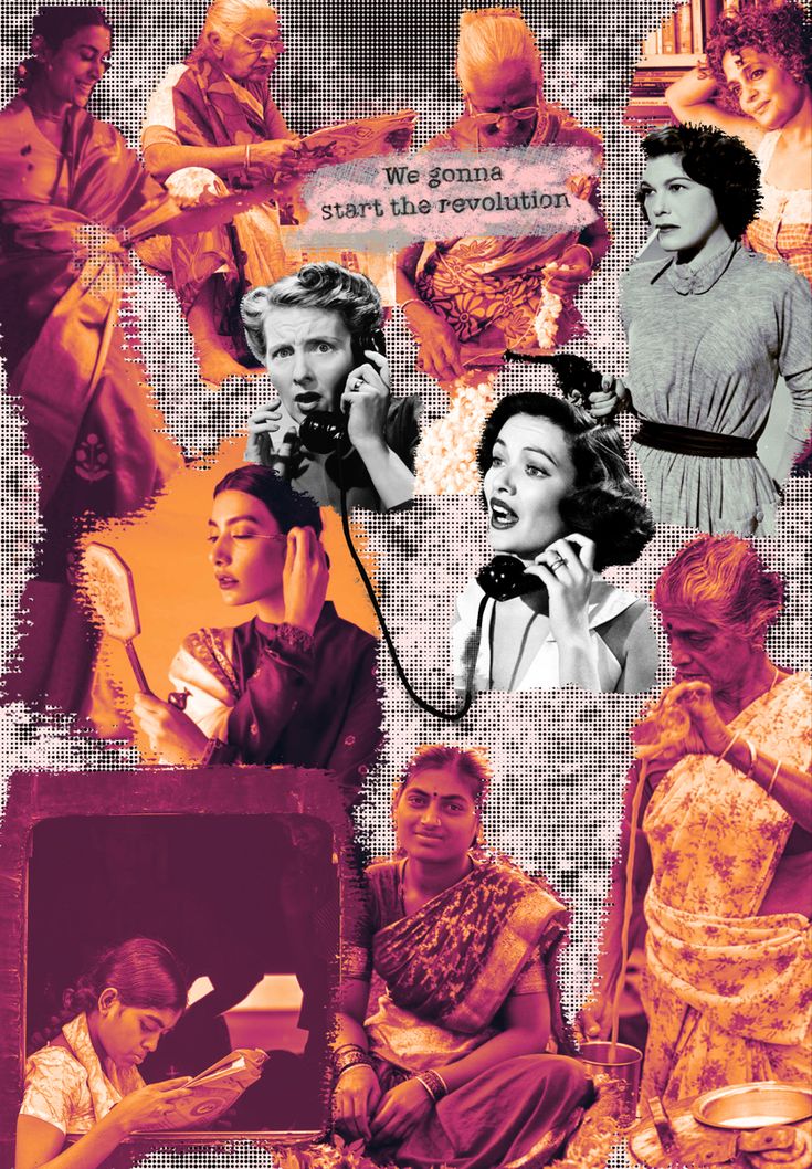 the collage shows people talking on their cell phones, and one woman holding a phone to her ear