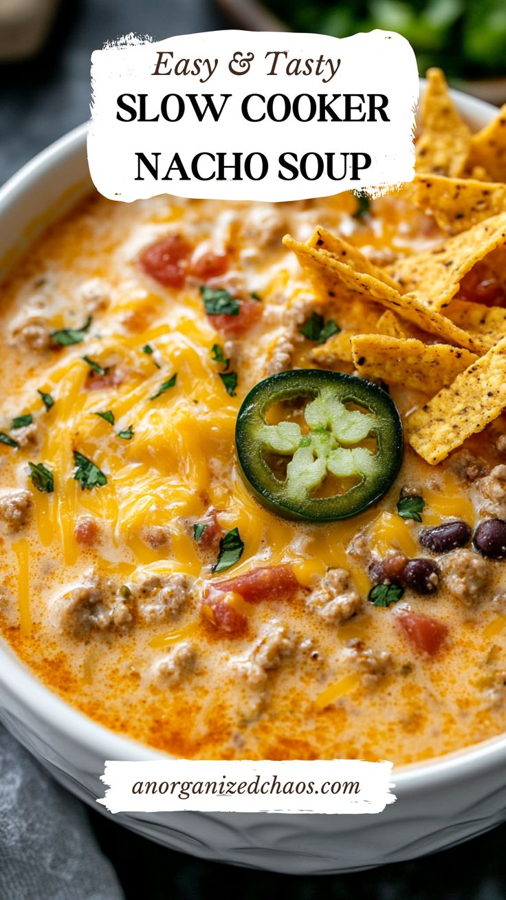 easy and tasty slow cooker nacho soup in a white bowl with tortilla chips