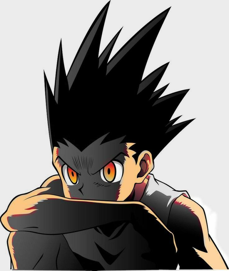 an anime character with black hair and orange eyes holding his arm over his face while looking at the camera