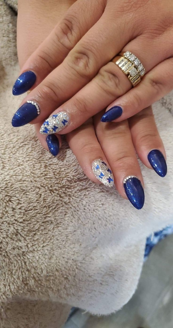 Metallic Royal Blue Nails, Nail Ideas Royal Blue And Silver, Royal Blue With Silver Nails, Royal Blue New Years Nails, Sapphire Nails Acrylic, Royal Blue Nail Ideas For Prom, Coronation Nails, Royal Blue Nails For Prom, Royal Blue And Silver Nails